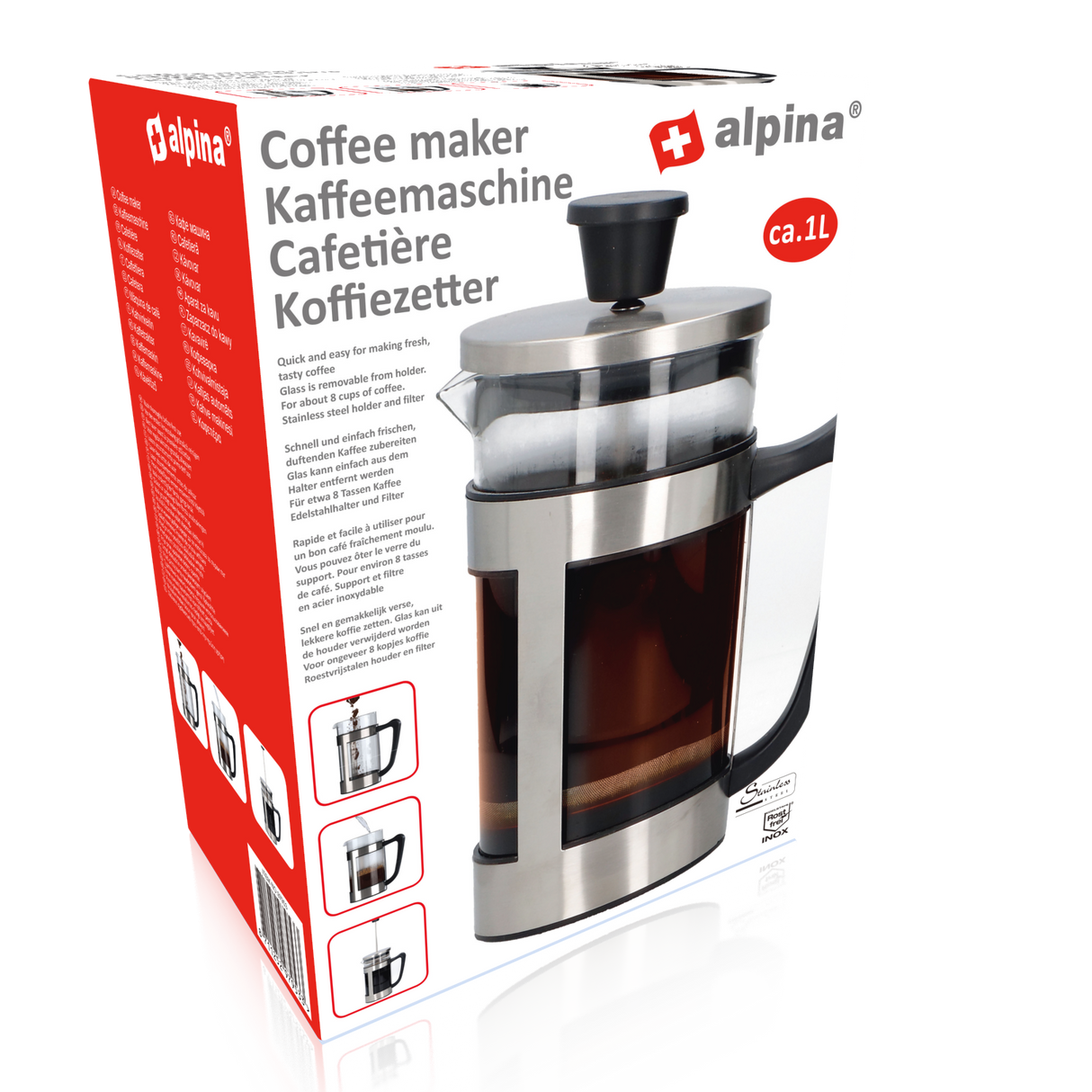 alpina Cafetière 1l 8 koffie RVS/ glas/ kunststof - maximondo