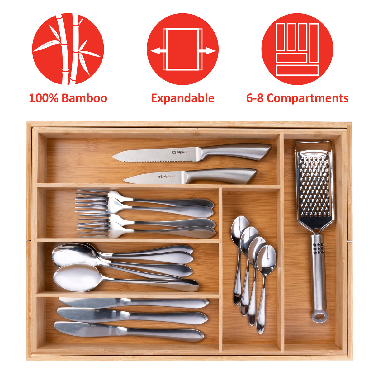 alpina Uitschuifbare Bestekbak - Besteklade - 6 tot 8 Vakken