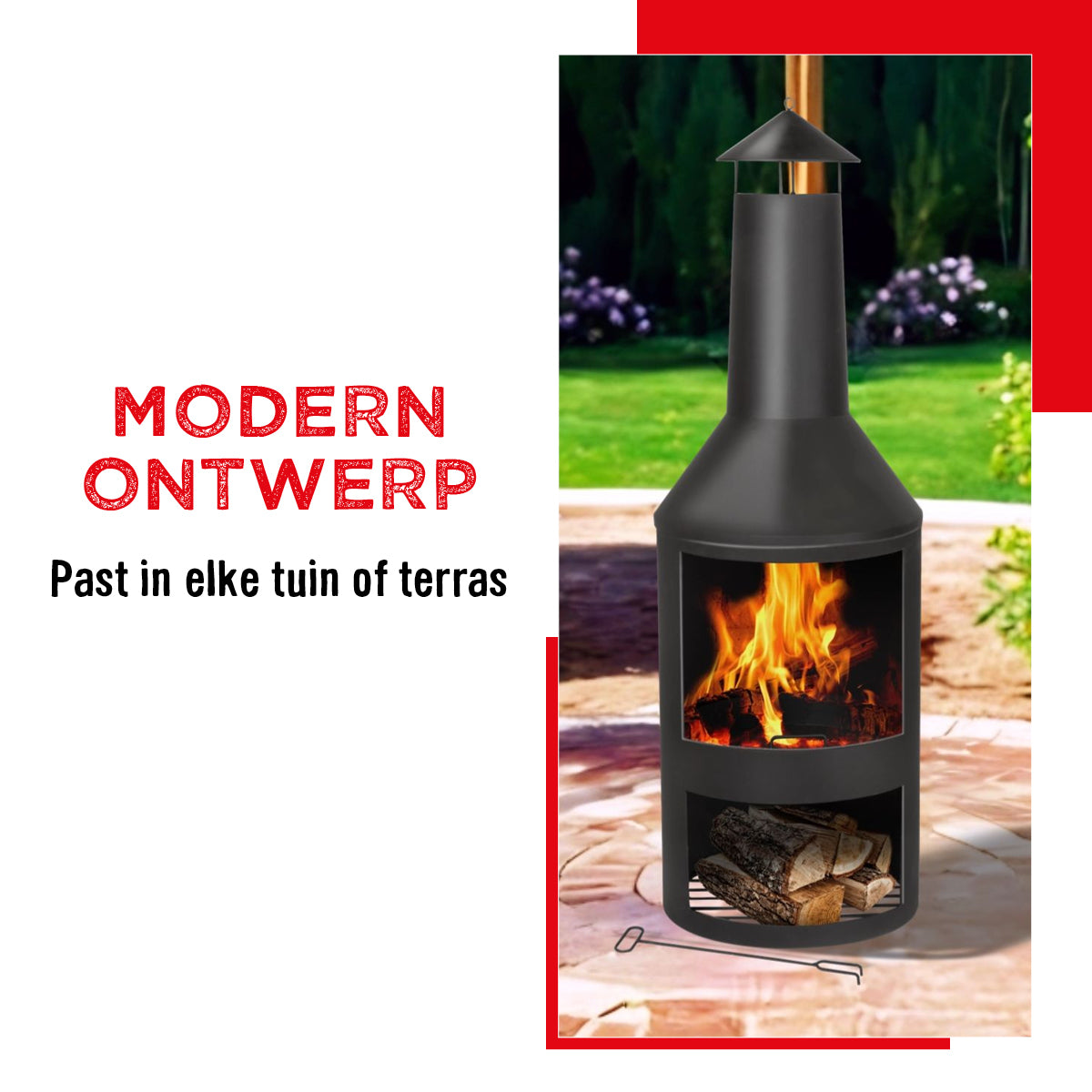 BBQ Collection buitenhaard met schoorsteen en houtopslag 134x44,5cm staal zwart - maximondo