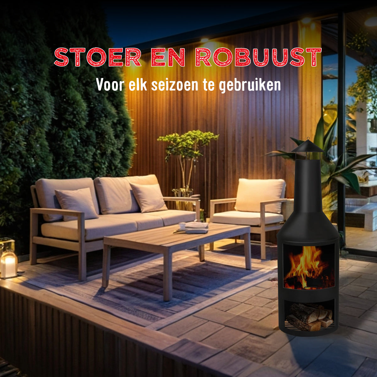 BBQ Collection buitenhaard met schoorsteen en houtopslag 134x44,5cm staal zwart - maximondo
