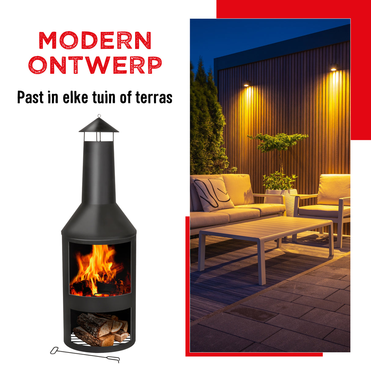 BBQ Collection buitenhaard met schoorsteen en houtopslag 134x44,5cm staal zwart - maximondo