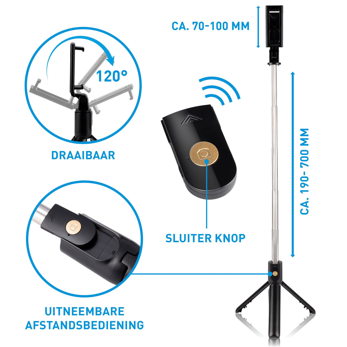 Grundig Selfie Stick & Statief, 120° - maximondo