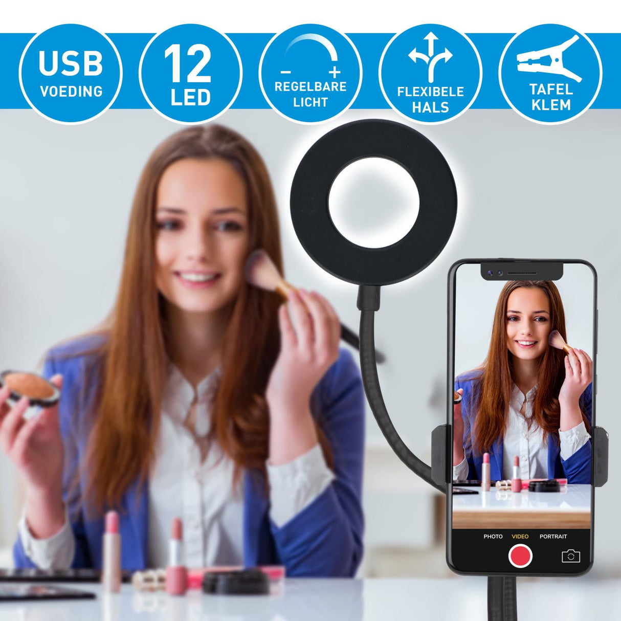 Selfie Studio Ringlamp met Klem 2 in-1 - maximondo