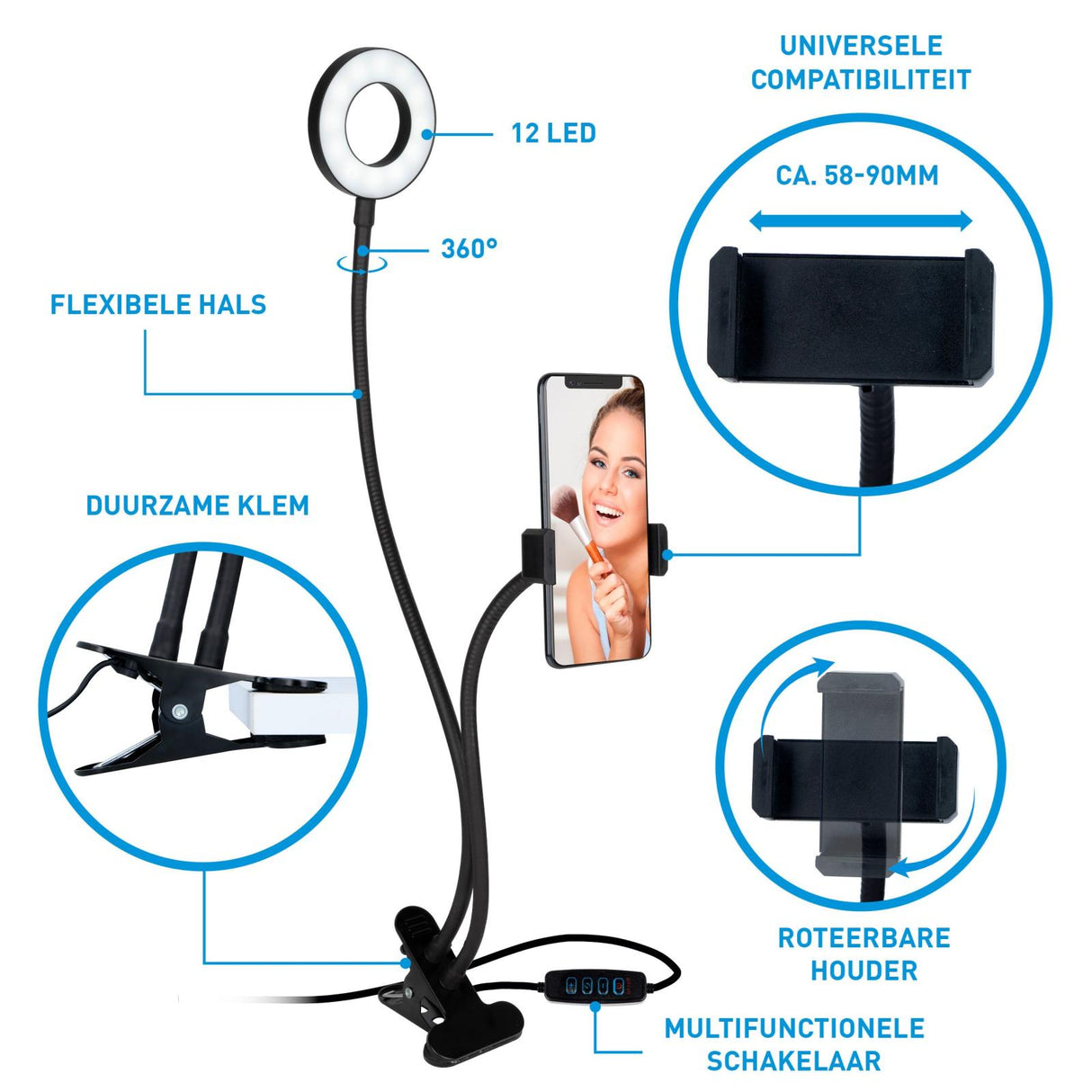 Selfie Studio Ringlamp met Klem 2 in-1 - maximondo