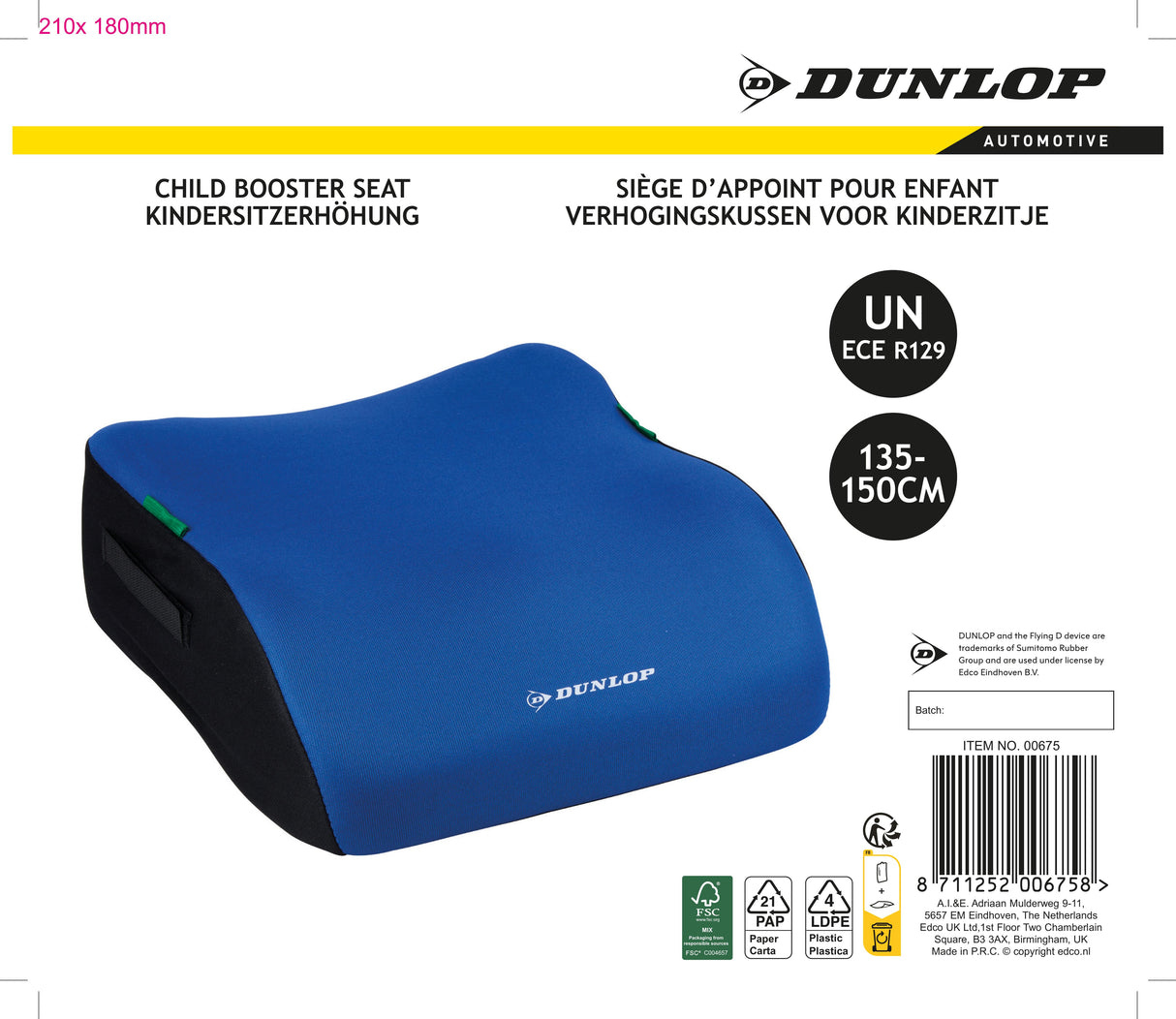 Dunlop Kinderzitverhoger Blauw Auto ECE R129 - maximondo