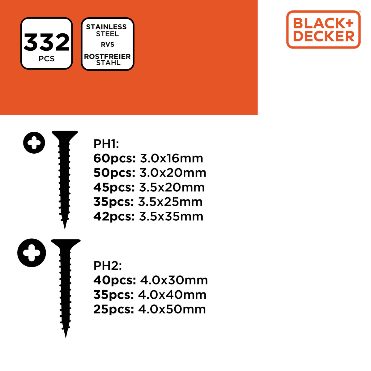 BLACK+DECKER Schroeven, 332 Delig - maximondo