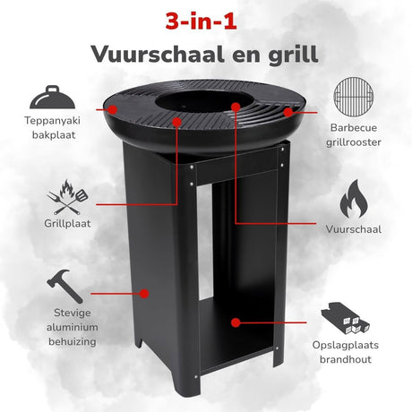 alpina 3-in-1 Vuurkorf en Grillplaat - 61 x 90 cm - maximondo