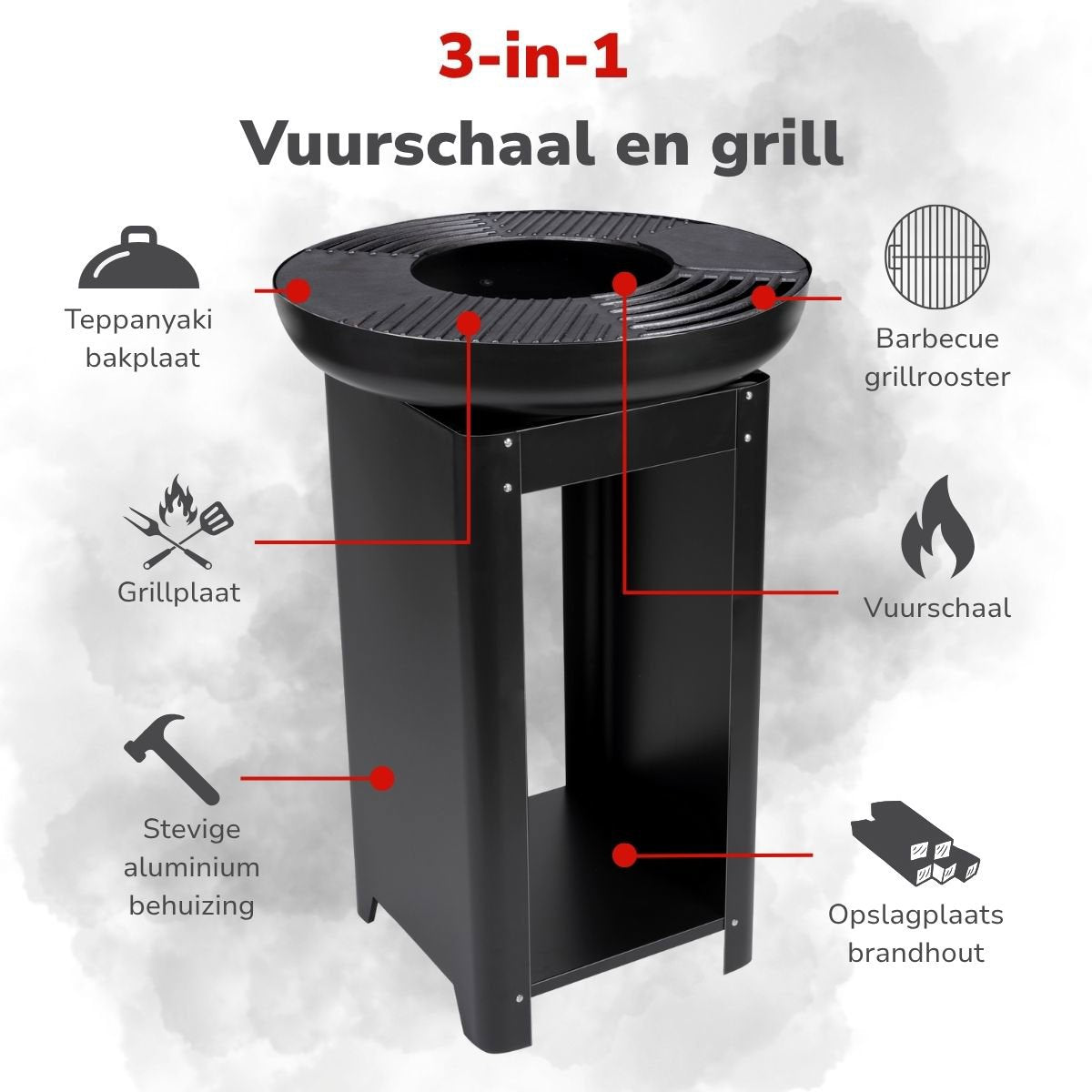 alpina 3-in-1 Vuurkorf en Grillplaat - 61 x 90 cm - maximondo
