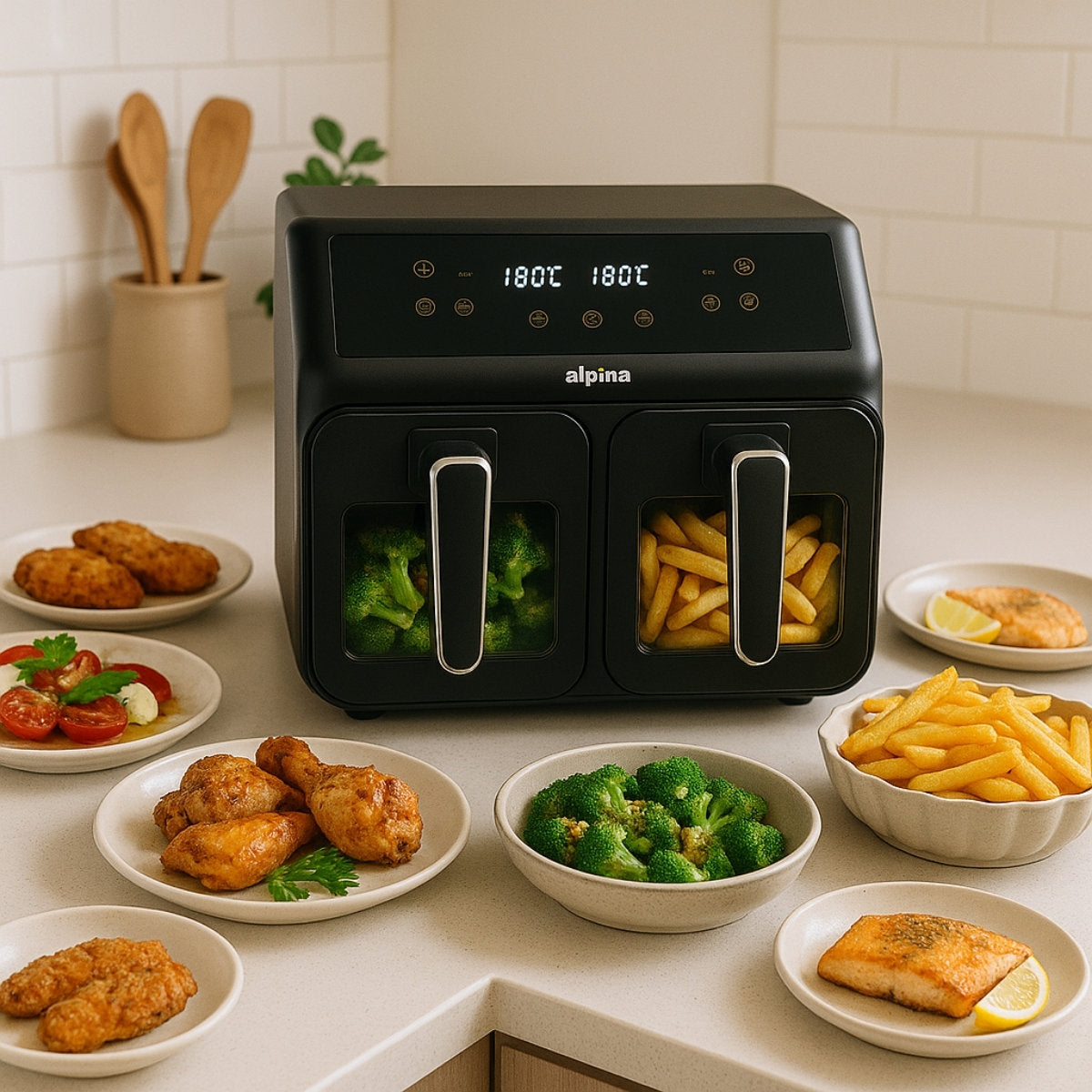alpina Dubbele Airfryer XXL - Heteluchtfriteuse 2x4L - maximondo