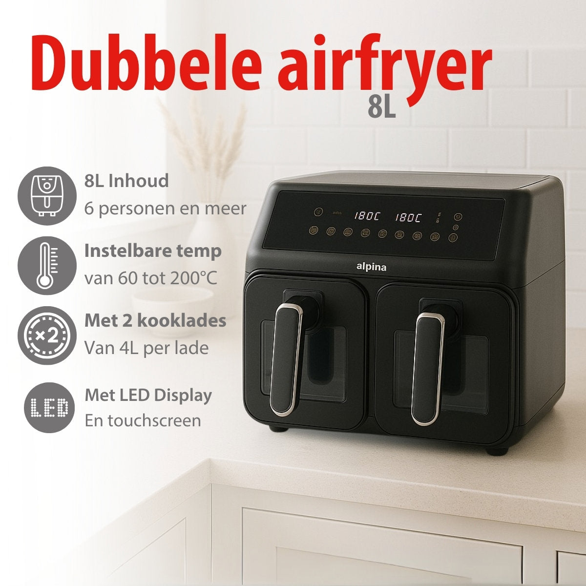 alpina Dubbele Airfryer XXL - Heteluchtfriteuse 2x4L