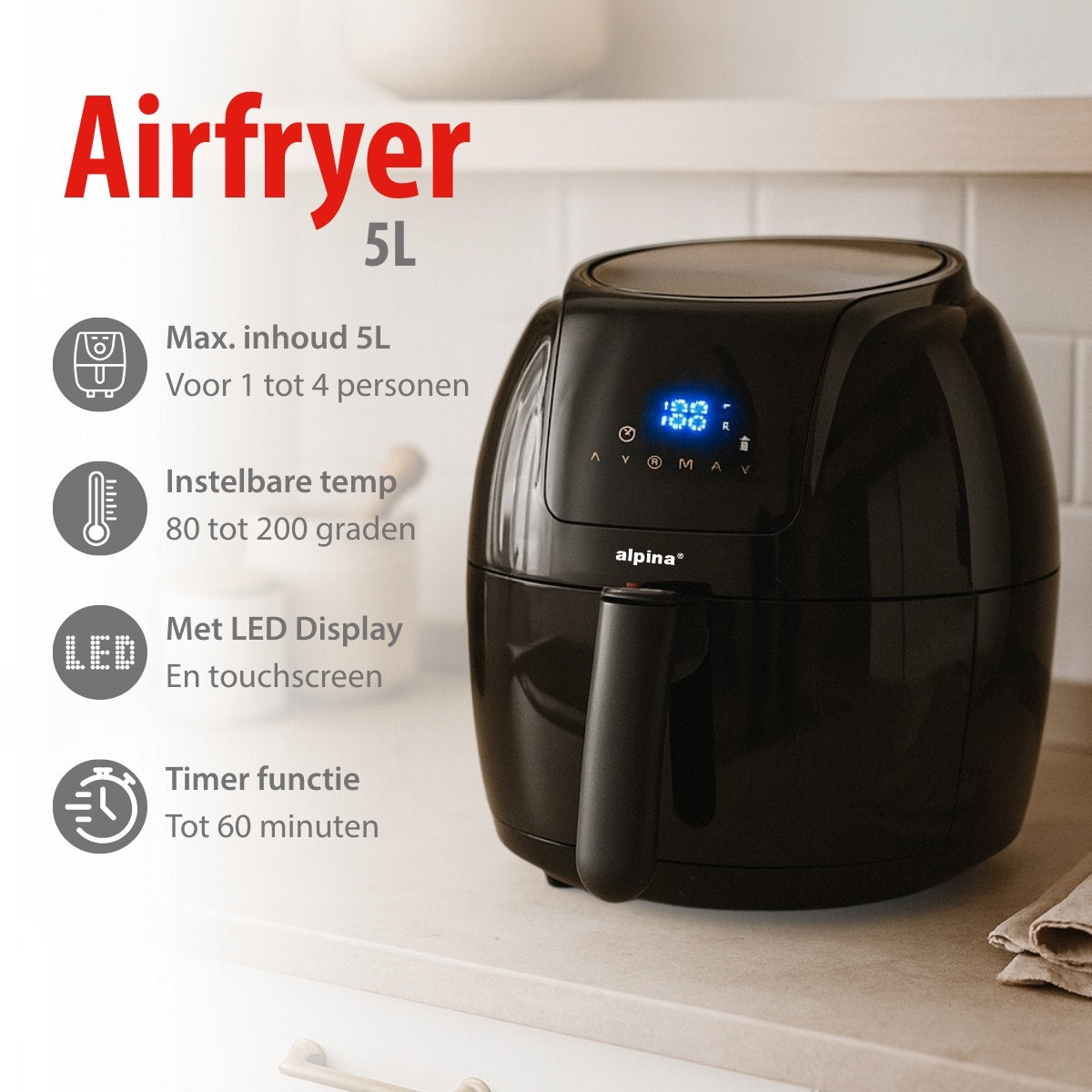 alpina Airfryer 5L - Heteluchtfriteuse 1-4 Personen - maximondo