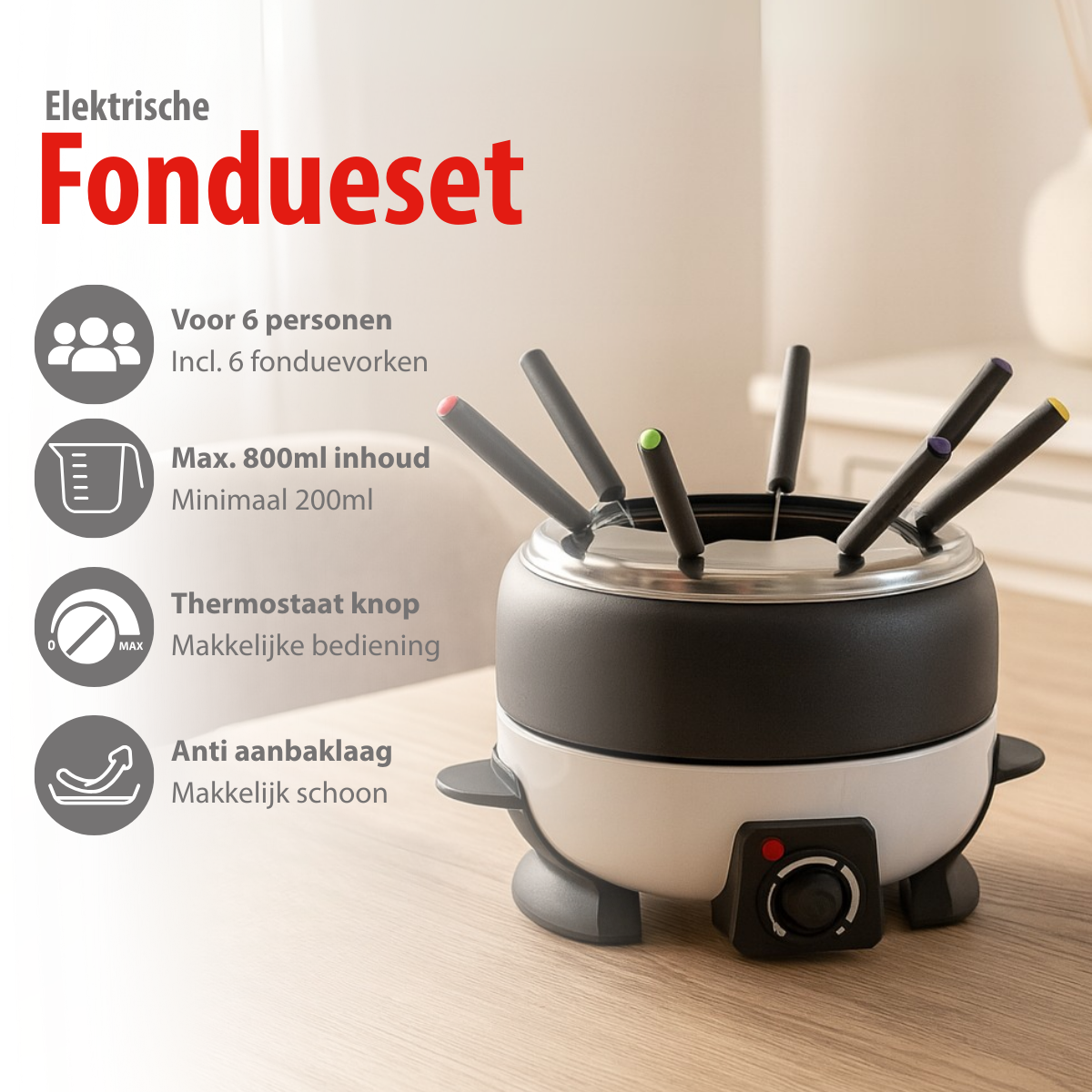 Cuisinier Deluxe Fondueset Elektrisch 800W – Fonduepan 2L - maximondo