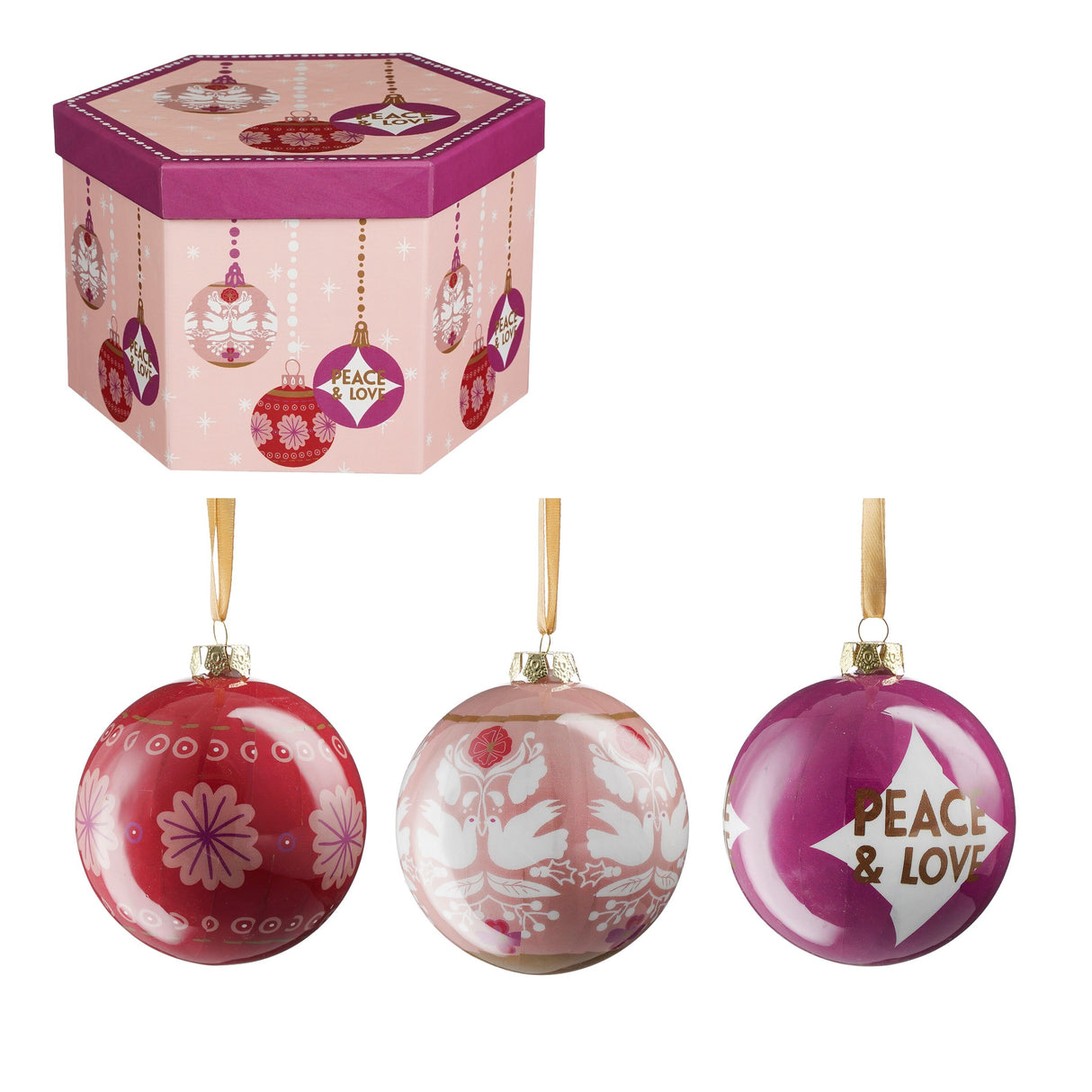House of Seasons Bal onbreekbaar Peace & Love cadeau set roze 14 stuks - d7,5cm - maximondo