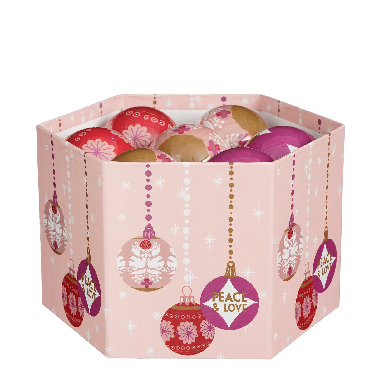 House of Seasons Bal onbreekbaar Peace & Love cadeau set roze 14 stuks - d7,5cm - maximondo
