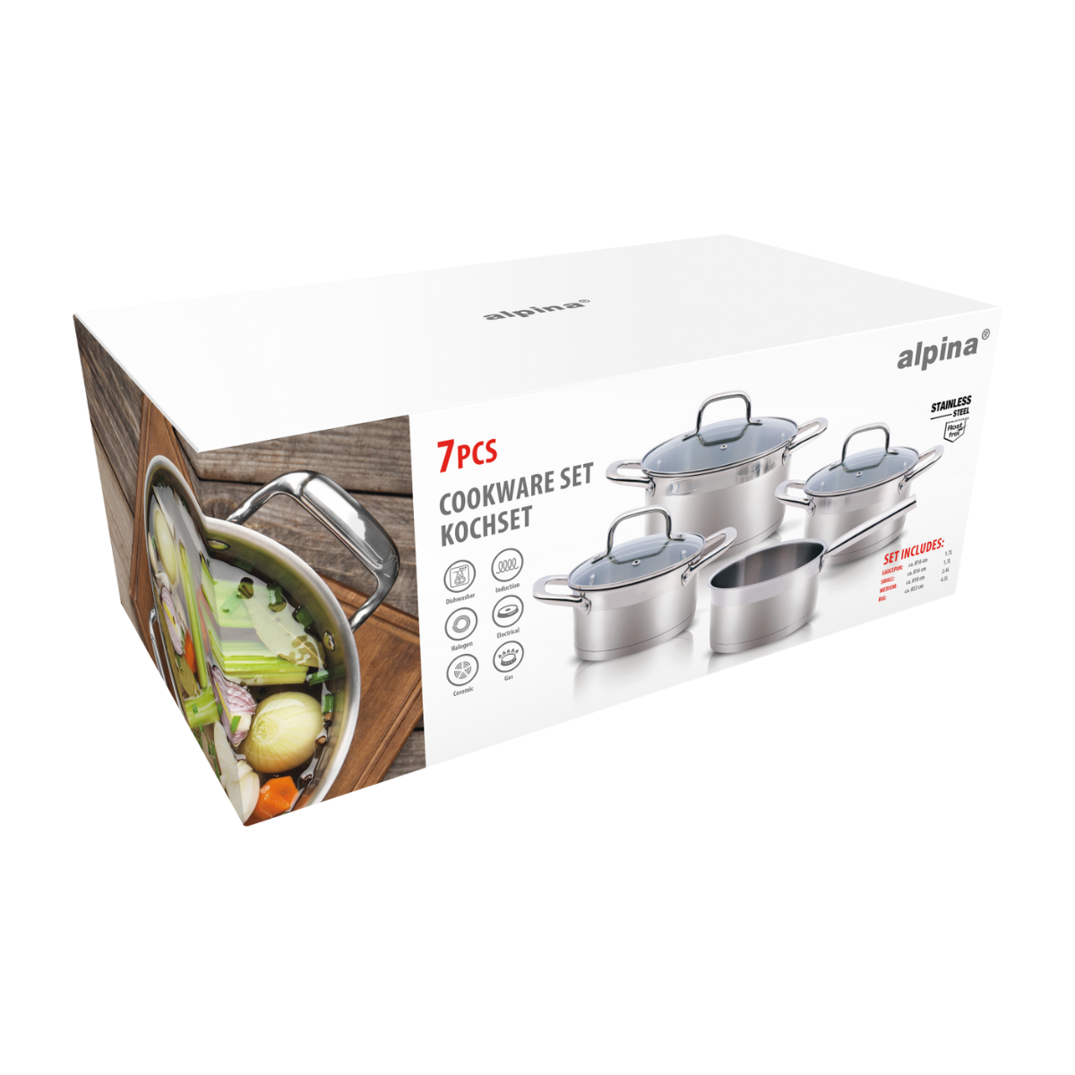 alpina Inductie Pannenset 4‑delig RVS met Glazen Deksel - maximondo