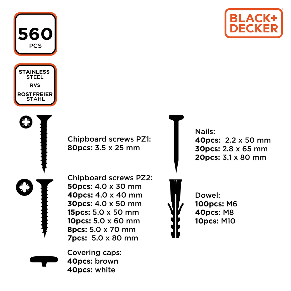 Spijkers, pluggen en schroeven set 560 stuks