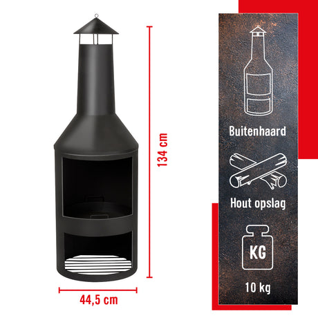 BBQ Collection buitenhaard met schoorsteen en houtopslag 134x44,5cm staal zwart