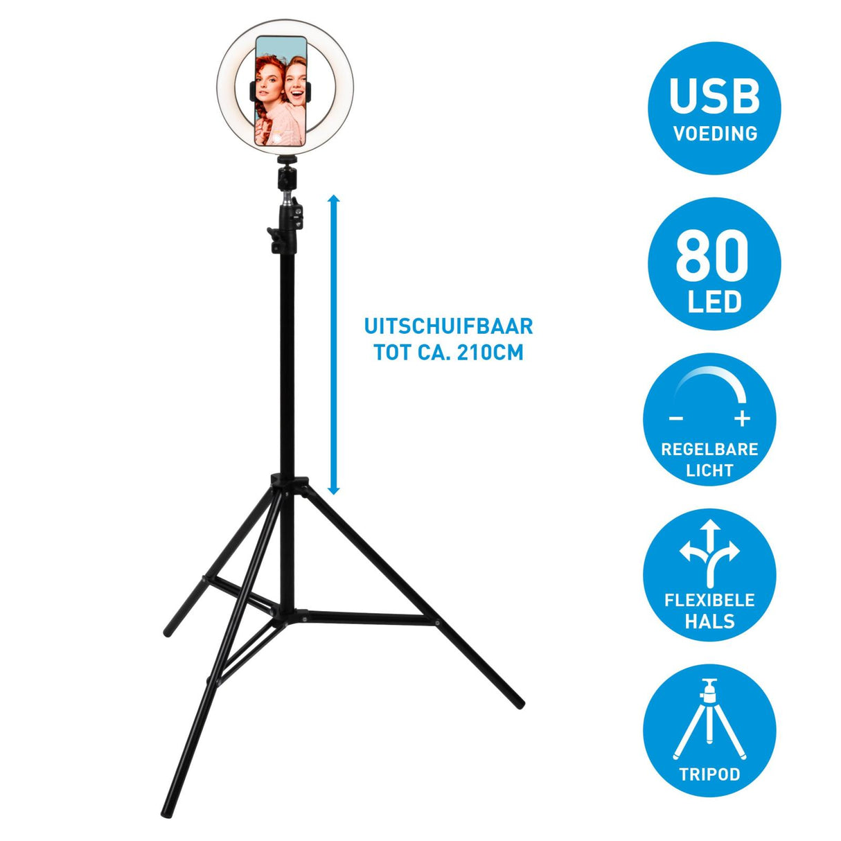 Selfie Ringlamp met Statief 210 cm