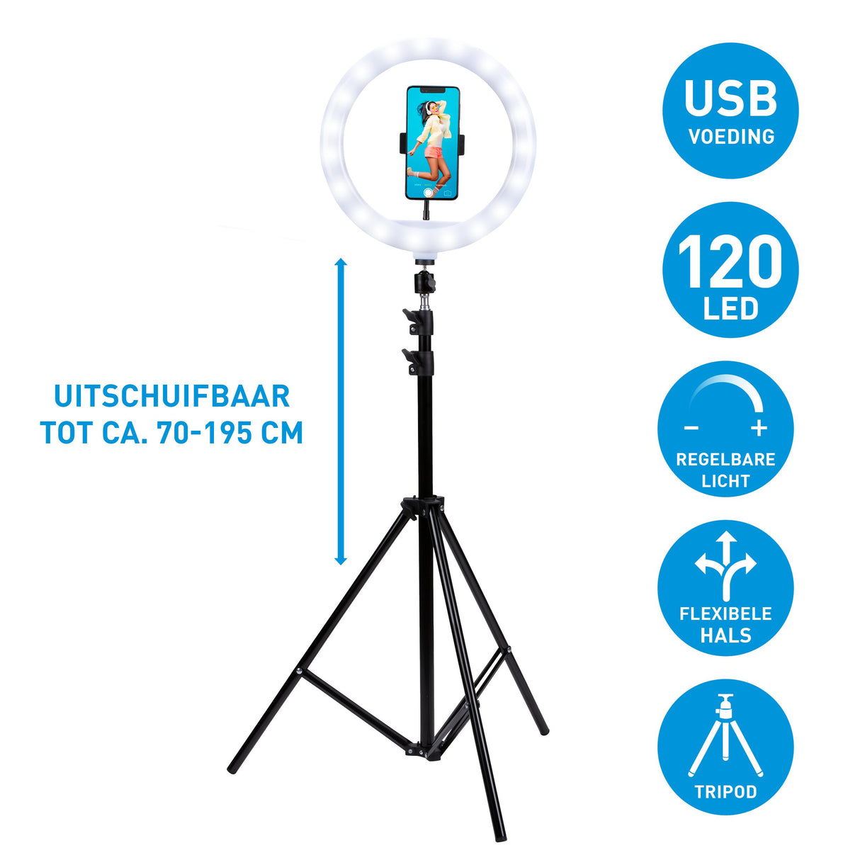 Selfie Ringlamp met Statief 195 cm