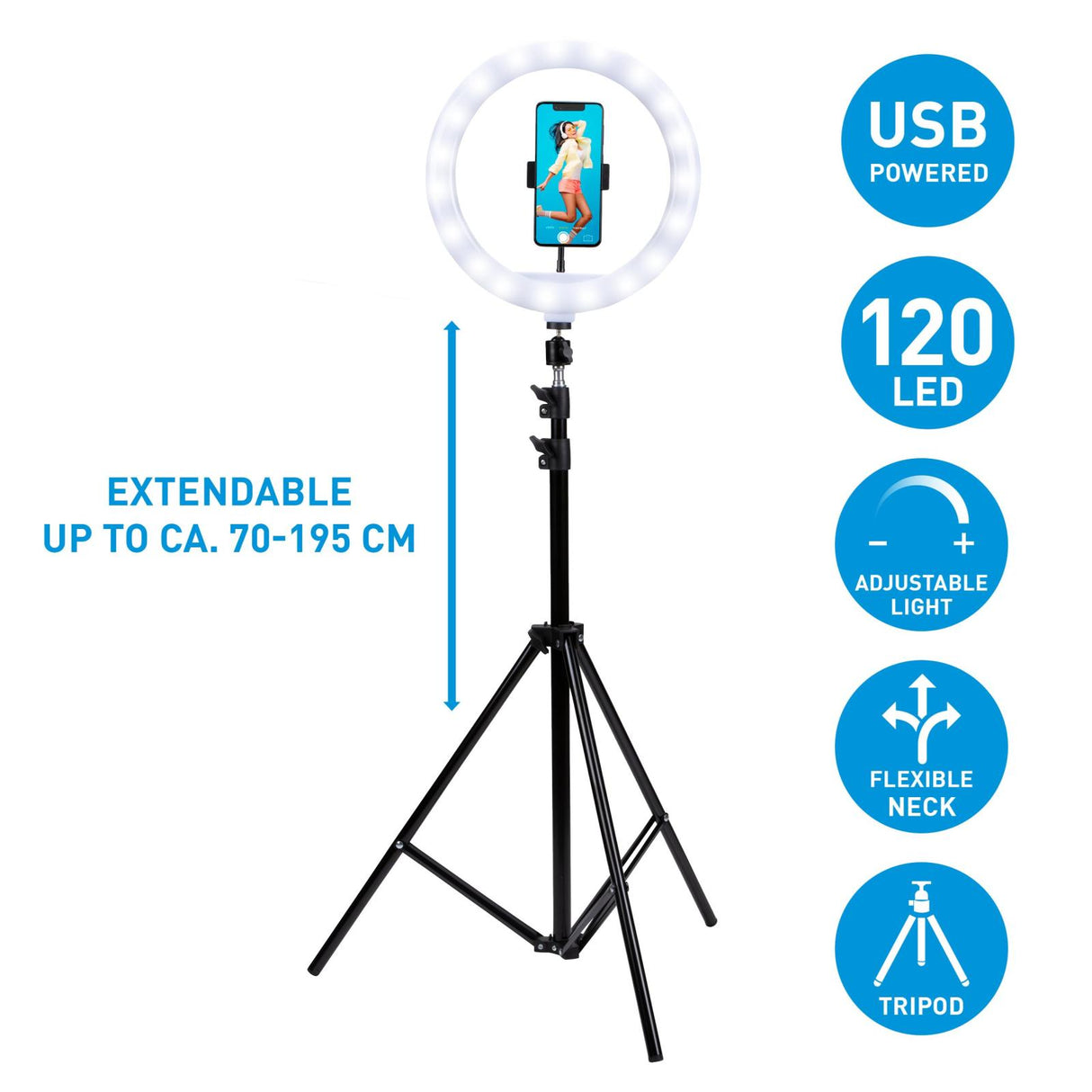 Selfie Ringlamp met Statief 195 cm