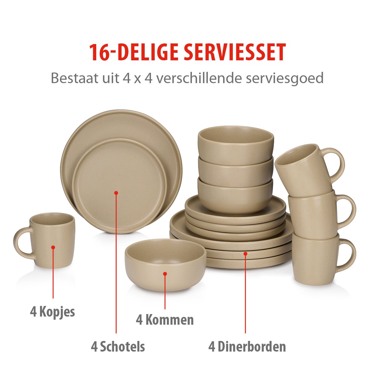 Serviesset 4 Persoons/ 16 Stuks Zand