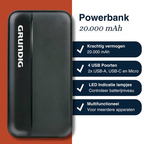 Grundig Powerbank 20000 mAh – Externe Batterij