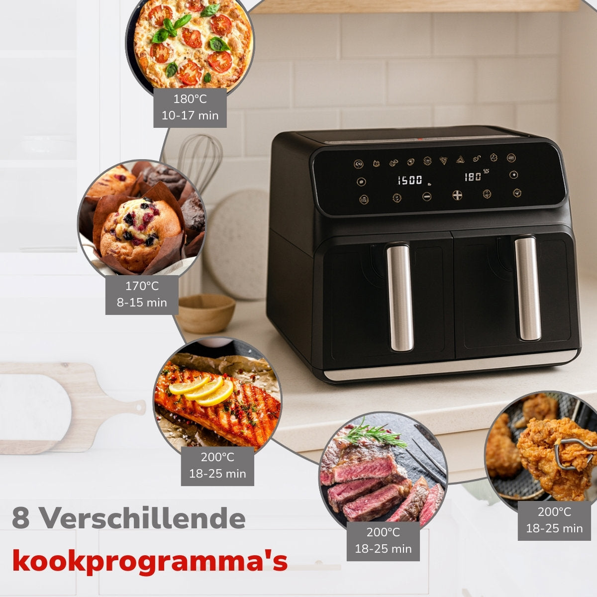 alpina Dubbele Airfryer XXL - Heteluchtfriteuse 2x4L
