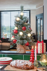 Black Box Trees Kaprun kerstboom met burlap groen frosted rood 10L TIPS 50 battery operated en timer - h60xd39cm