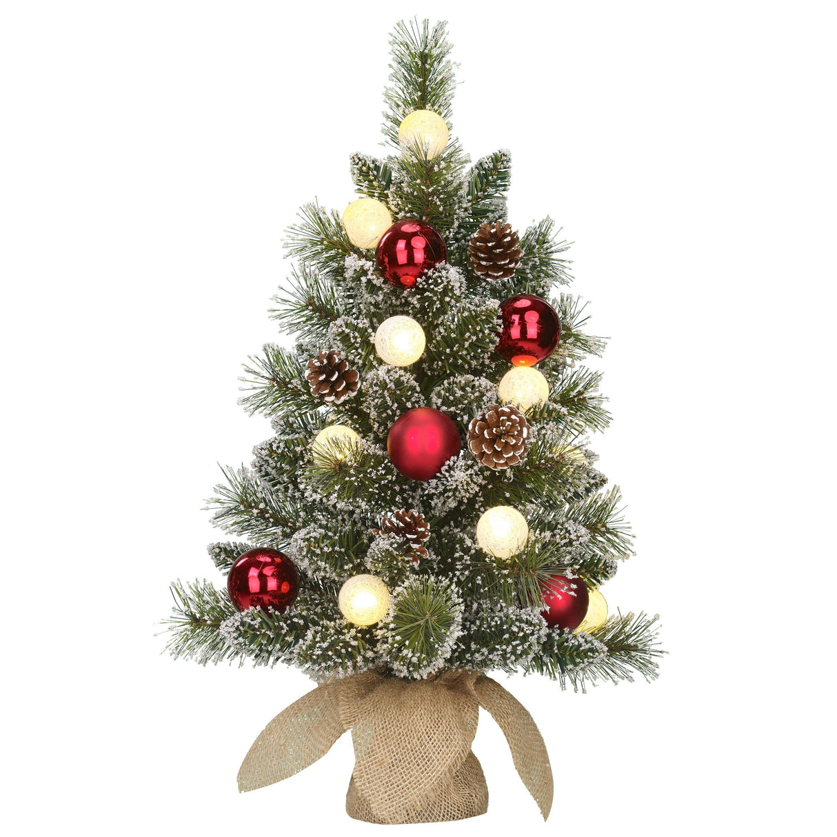 Black Box Trees Kaprun kerstboom met burlap groen frosted rood 10L TIPS 50 battery operated en timer - h60xd39cm