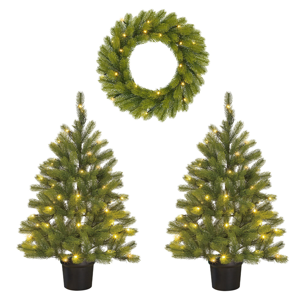 Black Box Trees Nagoya Set van 2 KunstKerstbomen en 1 Kerstkrans voor Buiten - H90 x Ø45 cm - maximondo