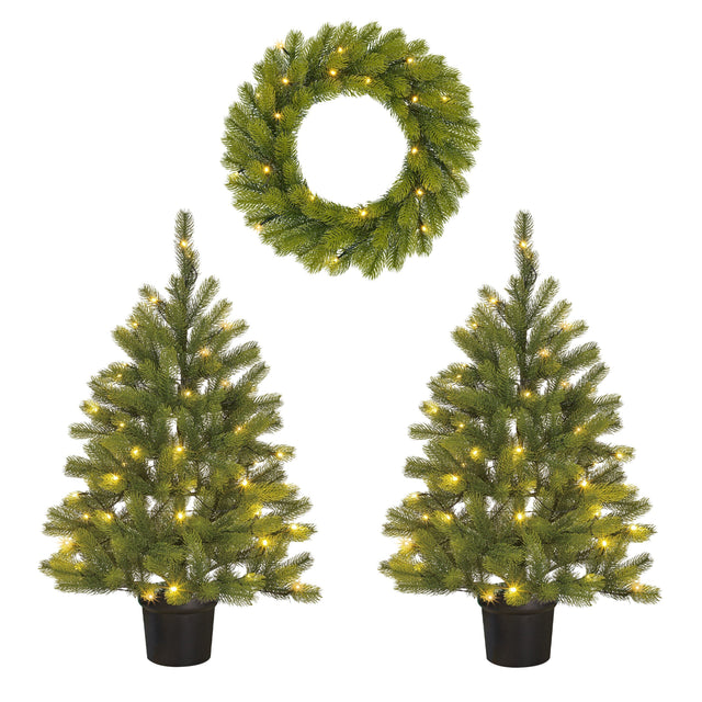 Black Box Trees Nagoya Set van 2 KunstKerstbomen en 1 Kerstkrans voor Buiten - H90 x Ø45 cm - maximondo
