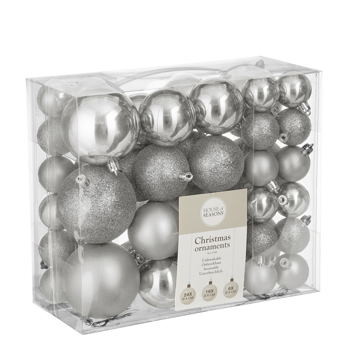 House of Seasons Boom decoratie onbreekbaar zilver 46 stuks - d4 d6 d8cm - maximondo